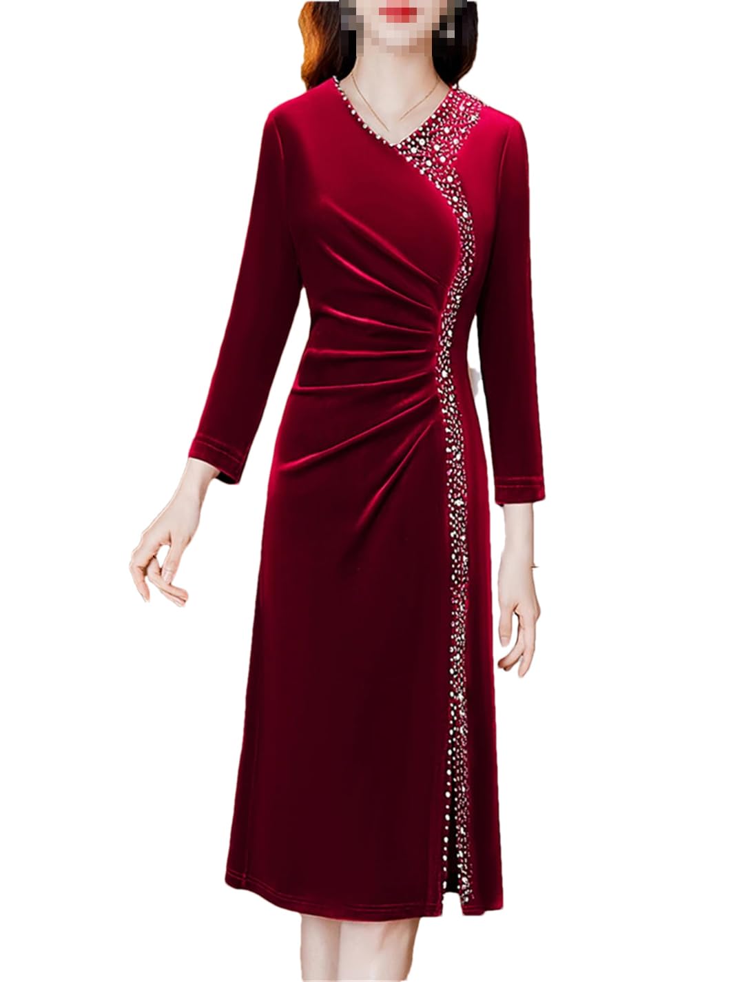 Fnfmrfmr Vestido de terciopelo rojo de manga larga para mujer, vestido de oficina con cuello en V, maxi vestido dividido