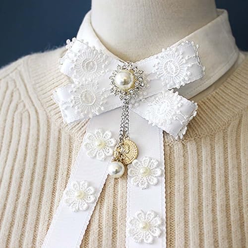 Image of Lace Ribbon Bow Tie Brooch Rhinestone Pearl Necktie for Girl Women Fashion jabot collar brooch pins Pre-Tied Corsage
