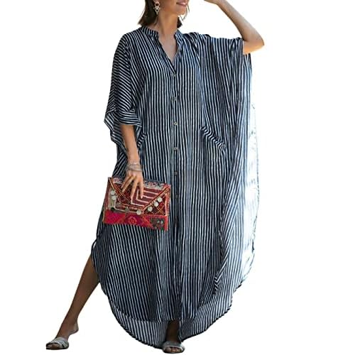 Eddoyee Womens Long Bathing Suit Coverups Loose Plus Size Beach Kaftan Dresses Black and White Stripes
