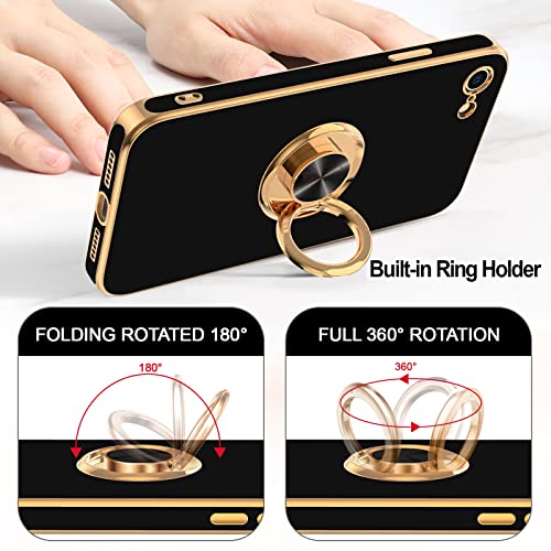 Image of Hython Case for iPhone SE 2022, iPhone SE 2020, iPhone 7 Case, iPhone 8 Case with Ring Holder Stand Magnetic Kickstand, Plating Rose Gold Soft TPU Bumper Camera Protection Shockproof Phone Cases-Black