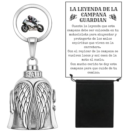 Pack Regalo - Llavero Moto Campana Guardián - Campana Motera de la Suerte - Regalo Moteros Hombre - Amuleto de Protección y Buena Suerte para la moto. PACK:1 Llavero Guardián Bell,1Bolsa Negra,1Carta