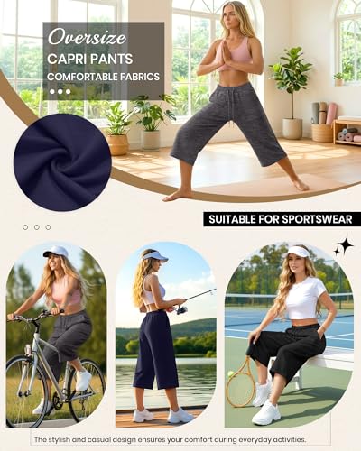 Image of 3 Pack Women's Capri Sweatpants Wide Leg Capris Casual Drawstring Loose Cropped Lounge Yoga Pants with Pockets