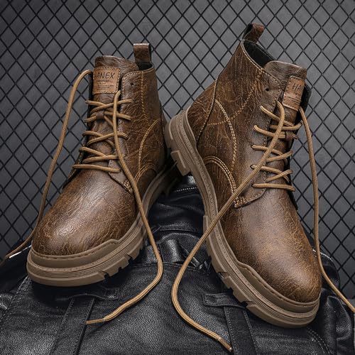 Image of Men's Leather Lace Up Motorcycle Combat Boots Retro Round Toe lug sole Chukka Ankle Boots Casual Waterproof Oxford Dress Work Boot