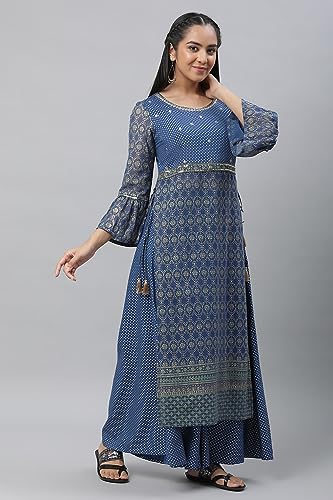 Image of Aurelia Women's Bright Blue Polyester Straight Kurta, Palazzos, Dupatta Suit Set