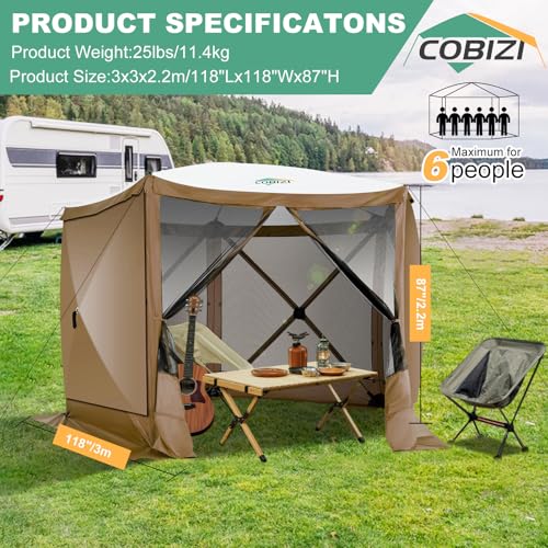 Image of COBIZI 10x10 FT Pop up Gazebo, Popup Canopy Tent,Screened in Gazebos with sidewalls,Waterproof Portable Outdoor Small Screen Tents Sun Shelter,carpas para Patio for Camping,Garden,Backyard,Brown