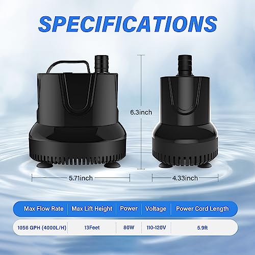 Image of YSSOA 1056GPH Submersible Water Pump (4000L /H, 85W) with Bottom Suction, 13ft High Lift, 3 Nozzles, 5.9-Foot Cord for Flooding House Basement Pool Garden Pond Draining
