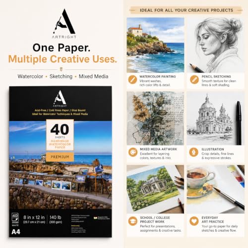 Image of ArtRight Artists' Watercolor Paper A4 300 GSM - 40 Sheets of Handmade Rough Grain Water Colour Papers for Watercolour, Acrylic, Gouache, Ink & Mixed Media