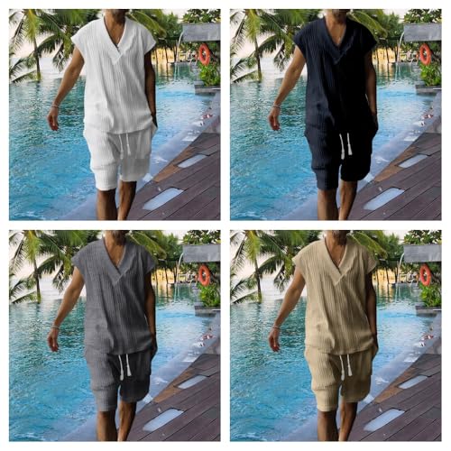 Athleisure Cable Jacquard Set Men, Casual Cable Knit T-shirt Set V-Neck Sleeveless Tank Top and Drawstring Shorts 2 Piece2