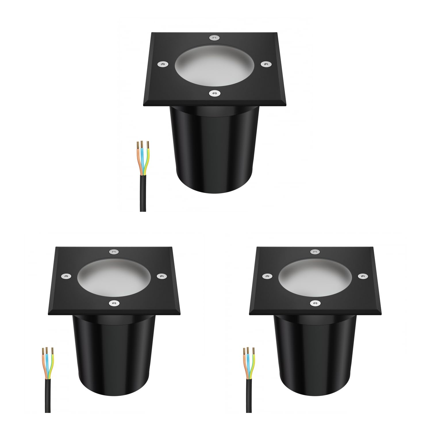 ledscom.de 3 faretti da incasso a pavimento RELI per esterni, IP67, neri, satinati, squadrati, 11 x 11 cm, con lampadina LED da 0,5 W, 49 lm, bianco caldo