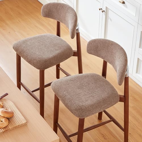Image of Solid Wood Bar Stools Set of 2,25'' Coffee-Colored Counter Height Bar Stools，Made Solid Wood and Fabric, Ideal for Kitchen Islands and Home Bars