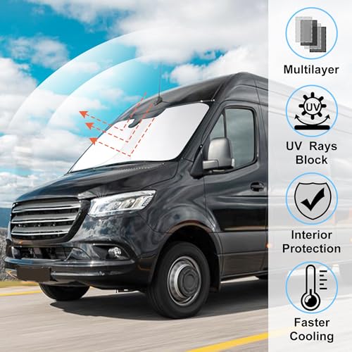 Image of Windshield Sun Shade Foldable Sun Visor Protector Custom Fit 2007-2024 2025 2026 Mercedes Benz Sprinter Freightliner Cargo Crew Passenger Motorhome Accessories