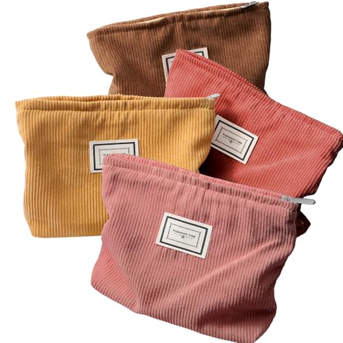 Sanwuta 4 Pcs Velvet Corduroy Makeup Bag, 10x7x2'', Yellow Brown Series