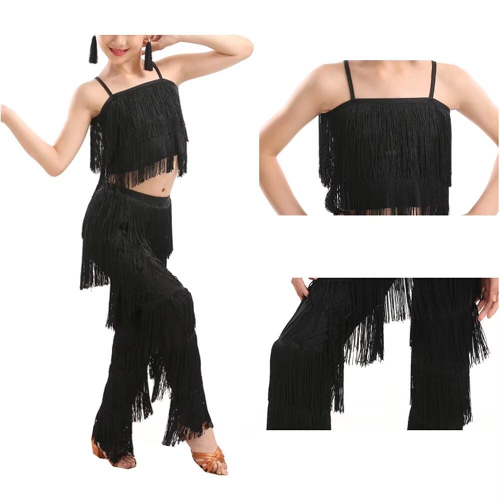Libaobaoyo Girls 2 Piece Latin Ballroom Dance Outfits Tassel Camisole Fringe Pants Modern Salsa Dancewear (Black, 11-12 Years)