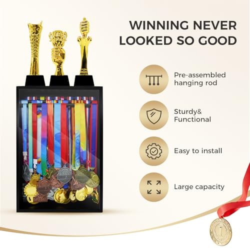 Image of Medal Hanger Display Case, Dust-Proof 22 inchx15 inch Wall Mount medal holder with 3 Hanging Rods & Trophy Shelf, Holds 60+ Medals, HD Tempered Glass, Solid Wood, for gymanstics,race,soccer,swim