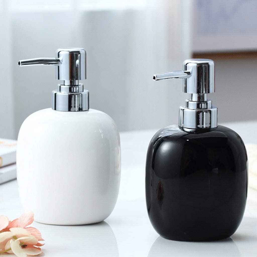 Flacone Dispenser di Sapone in Ceramica con Pompa, da appoggio, Manuale, Nero/Bianco, per lozione, Ideale per Bagno, Cucina e Hotel, 360 ml/12,1 Pollici.