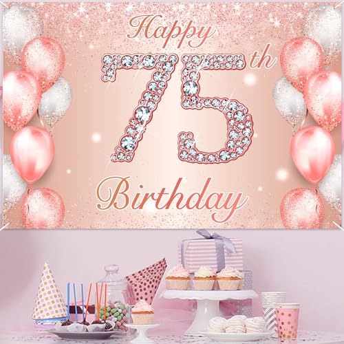 Image of Happy 75th Birthday Rose Gold Banner Cheers to 75 Years Old Backdrop Confetti Balloons Theme Decor for Women 75 Years Old Pink Birthday Party Decorations Bday Supplies Background Favors Gift Glitter