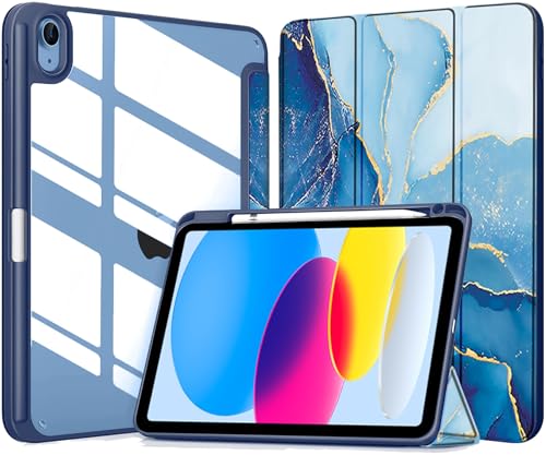 Image of Robustrion Cover for iPad 11th (A16) / 10th Generation Cover Case (2025 /2022) [Pencil Holder] (Right Side) [Auto Sleep Wake], Trifold Flip Stand Case for iPad 10th Gen / 11th Generation - Marble Blue