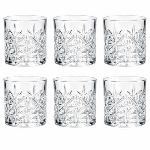 MundoTarros Vasos de Cristal para Whisky 310 ml, Pack de 6, Diseño Tallado Elegante, Cristal Grueso y Resistente, Aptos para Lavavajillas, 85x93 mm