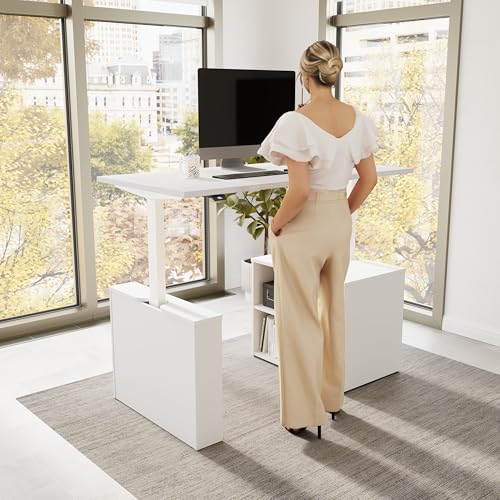 Image of Bush Business Furniture 60-inch Electric Height Adjustable Standing Desk with Bookcase, Ergonomic Sit-Stand Computer Table for Office, Stratus Collection, White with White Base
