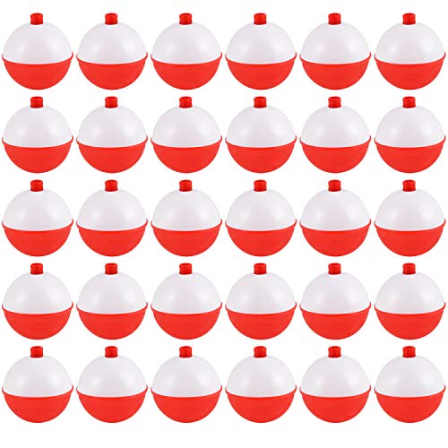 Coopay 30pcs lot Hard ABS Fishing Bobbers Set Snap on Red/White Float Bobbers Push Button Round Buoy Floats Fishing Tackle Accessories, 1.5 Inch