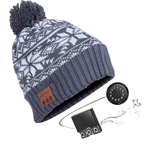 Zibaar Bluetooth Beanie Bluetooth Hat Bluetooth Beanie Hat Wireless Headphone Beanie Hat, Beanie Headset with Removable Bluetooth V4.1 Stereo Bluetooth Headphone, Hands Free Talking- Grey with Pompom