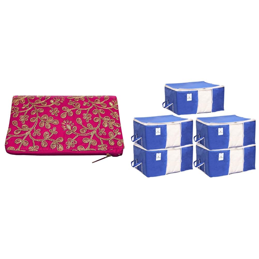 kuber industries Women's Silk Classic Purse(Pink) + Underbed Storage Bag, Storage Organiser, Blanket Cover Set of 5 - Royal Blue, Extra Large Size-CTLTC15244-picture-21