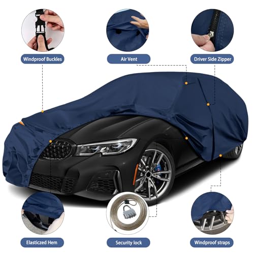 Waterproof Premium Car Covers Replace for 2006-2026 BMW 3 Series, Heavy Duty Polyester with Cotton Liner All Weather Car Cover with Zipper Door, Windproof Bands for Snow Rain Dust Protection - Image 3