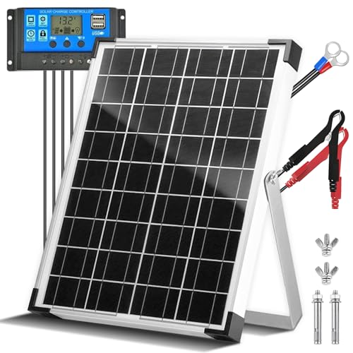 Image of Hoysicy 20W 12V/24V Solar Panel Kit, Monocrystalline Solar Battery Trickle Charger Maintainer +10A PWM Charge Controller + Adjustable Mount Bracket for Car, RV, Boat, Motorcycle, Off-Grid System