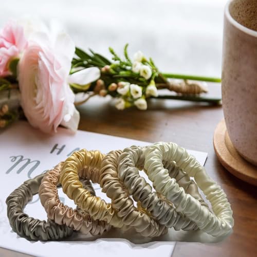 Image of VLOMOT 6 Pcs Set 100% Pure Mulberry Silk Scrunchies Hair Ties with 6 Chic Colors Everyday Skinny Scrunchies Silk Ponytail Holders Hair Care No Damage (Champagne)