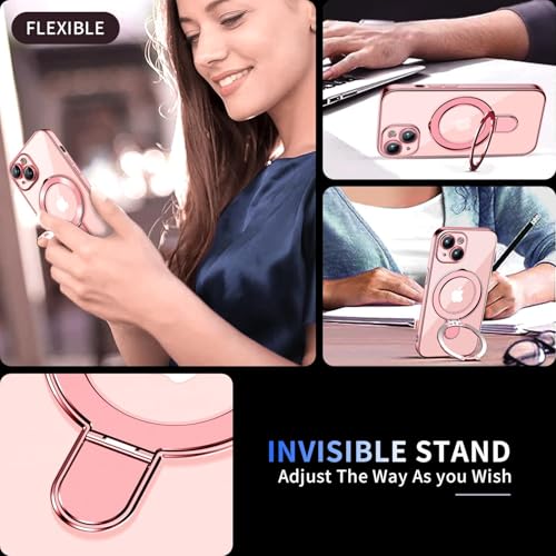 Image of Magnetic for iPhone 15 Plus Case with Invisible Stand[Compatible with MagSafe][Full Camera Lens Protector][Military Drop Protection] Shockproof Not Yellowing Clear Slim Soft for Women Men