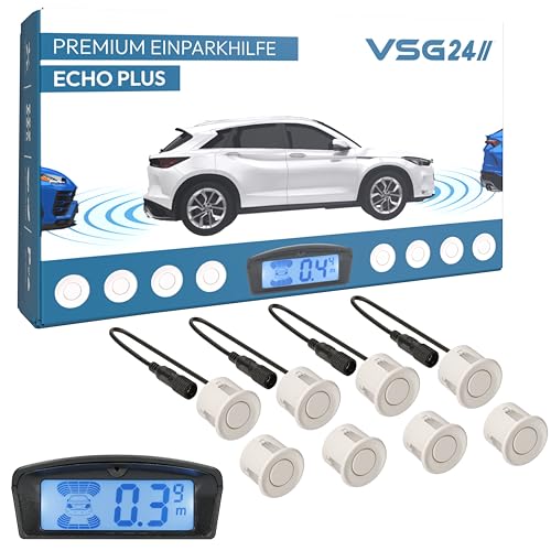 VSG24 Premium Kombi Einparkhilfe mit Display zum nachrüsten am Auto, PDC Parksensoren Vorne Hinten mit Stecksystem für einfachste Montage - 8 Rückfahrwarner Sensoren Parkhilfe Nachrüstsatz Weiß VSG24 Premium Kombi Einparkhilfe mit Display zum nachrüsten am Auto, PDC Parksensoren Vorne Hinten mit Stecksystem für einfachste Montage - 8 Rückfahrwarner Sensoren Parkhilfe Nachrüstsatz Weiß
