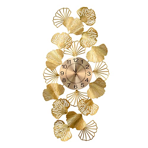 Large Decorative Wall Clock,35.8 Inch Silent Non-Ticking Metal Wall Watch Clock Art Design Ginkgo Leaf For Kitchen, Living Room, Bedroom, Bathroom, Bedroom, Office Home Decor (Gold) #TOP6