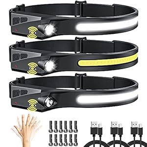 Headlamp Rechargeable 3Pack, LED Headlamp Flashlight with Motion Sensor, 230° COB Wide Beam Head Lamp, 5Mode Head Lights for Forehead Waterproof, Bright Headlamps for Adults Running Camping