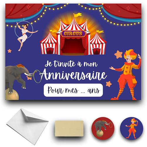 RXLITE Nouveauté 2024 Kit créatif de 10 Cartes d'invitation anniversaire à gratter thème cirque en français: 10 Cartons, 10 enveloppes blanches, 10...
