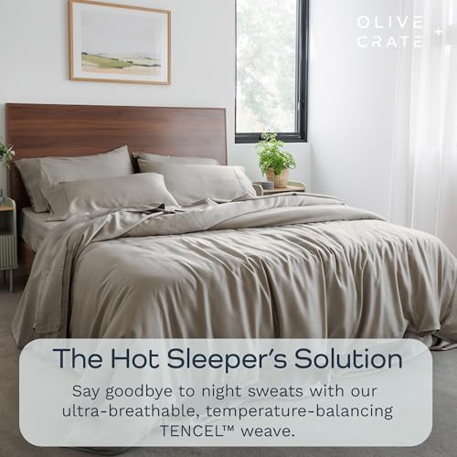Image of Olive + Crate Tencel Lyocell Eucalyptus Queen Size Sheet Set - Cooling Tencel Sheets for Hot Sleepers with 18 Inch Deep Pocket Fit - Taupe Sand 4-Piece Set