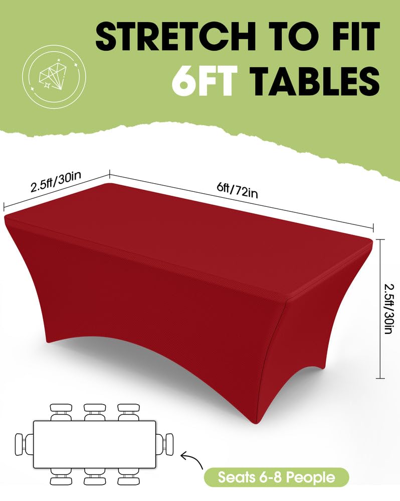Image of Pureegg Spandex Tablecloth 6ft - 2 Pack, Fitted and Tight Cloth for Rectangle Table, Wrinkle-Free and Stretch Table Cover for Party, Wedding, Banquet and Birthday, Red