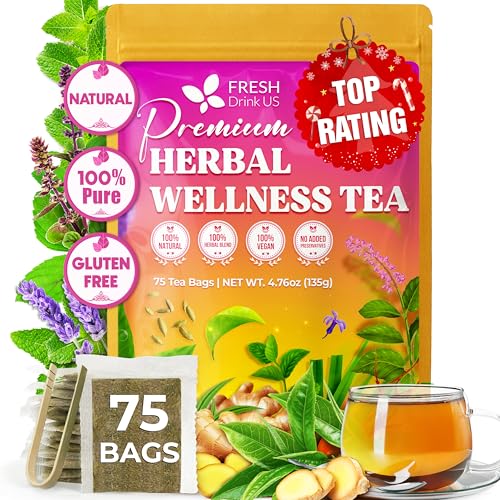 Image of FreshDrinkUS, Premium Herbal Wellness Tea Bags | 75 Count | Blend of Sencha, Ginger, Fennel, Dandelion, Tulsi, Turmeric, Peppermint, Lavender, Lemongrass & Stevia - Herbal Tea. Vegan