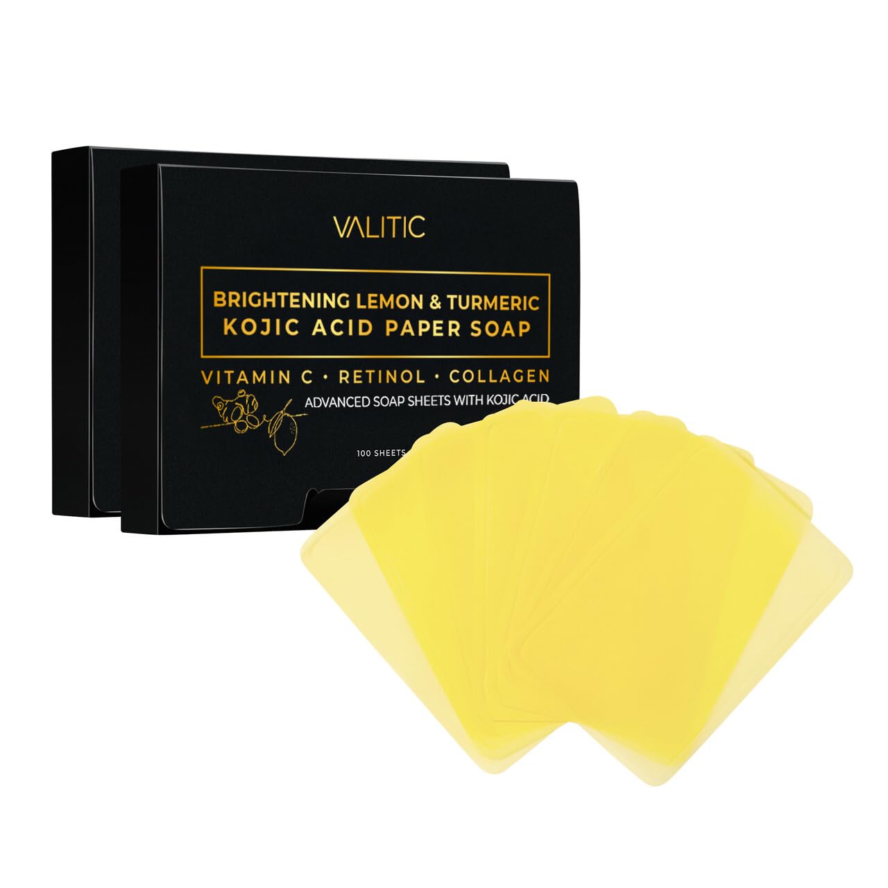 VALITIC Brightening Lemon Turmeric Kojic Acid Paper Soap - Vitamin C, Retinol, Collagen - Original Japanese Complex - Hyaluronic Acid, Vitamin E, Shea