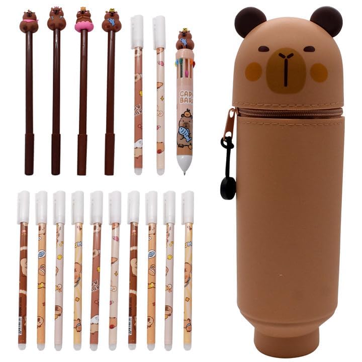 WFKKMEQ Capybara Pencil Case, 2-in-1 Silicone Pencil Pouch, 12PCS Erasable Gel Pens 10 in 1 Ballpoint Pens, 4PCS Gel Ink Pens, Pen Case Stretchable Pen Holder Stationery Organizer for School Supplies