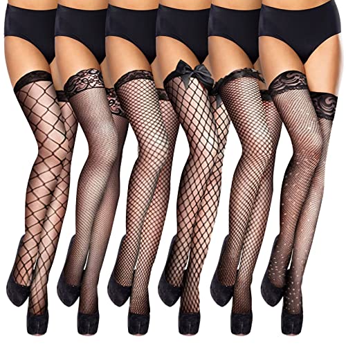 6 Paar Fischnetz-Strumpf Oberschenkelhoch Strass Netzstrümpfe Strumpf Spitze über dem Knie Strumpf Netz-Stockings Halterlos mit Spitzenabschluß Oberschenkel Hoch Damen Mesh Halterlose Strümpfe Cover