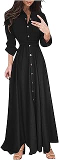 Saymany Shirt Dress Women's Elegant Long Sleeve Dresses Regular Fit Loose Tunic Dress Flowing Swing Dress Long Sleeve Maxi Dress Skater Dress Waist Shirt Dress Casual Cocktail Dress with Button