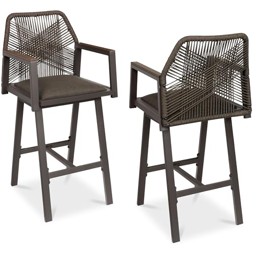 Best Choice Products Outdoor Bar Stools Set of 2, Bar Height, 360° Swivel Aluminum Frame, All-Weather Woven Rope Chair Design w/Armrests - Brown/Mocha