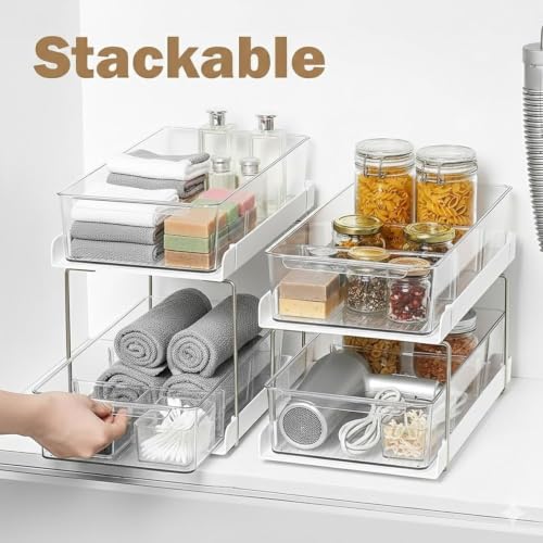 Image of Xmart India 2 Tier Under Sink Organizer, Pull Out Cabinet Storage Rack with Sliding Drawers & Hooks, Kitchen Cabinet Organizer, Bathroom Storage Shelf, Pantry & Laundry Organizer (2, Clear)