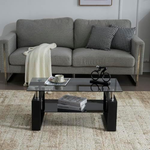Glass Coffee Table with Storage Shelf - 87.5cm x 47.5cm x 【イエロー】 