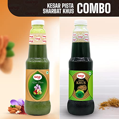 Image of Shree Guruji Kesar Pista Dry Fruit Syrup & Khus Sharbat Combo Pack Sizzling Beverage Instant Refreshing Drink for Summer Sizzling (1 Litre)