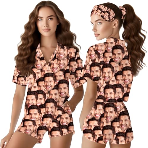 Personalized Pajamas for Women Custom Funny Face Pajama Suit with Picture Name Short Sleeve Sleepwear Pj Lounge Sets