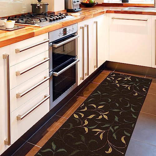 Ottomanson Ottohome   Alfombra rectangular, base de goma, diseño de hojas contemporáneo, 57 x 210 cm, color marrón