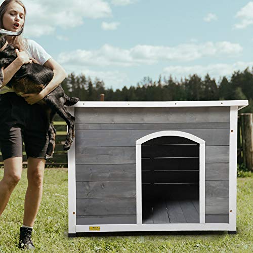 Sandinrayli Wood Dog Houses for Dogs, Weatherproof Outside Dog Kennel with Door Slanted Hinged Roof (Grey) - Thumbnail 2