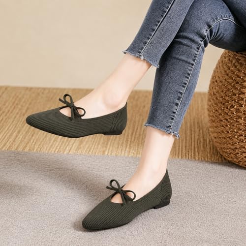Image of TINGRISE Women's Pointed Toe Flats Comfortable Knit Ballet Shoes Washable Dressy with Bow Business Casual Work Shoes