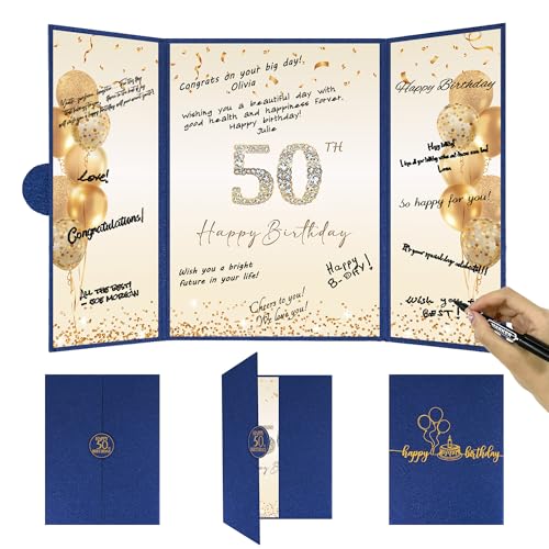 Image of DARUNAXY Blue Gold Happy 50th Birthday Alternative Signature Guest Book